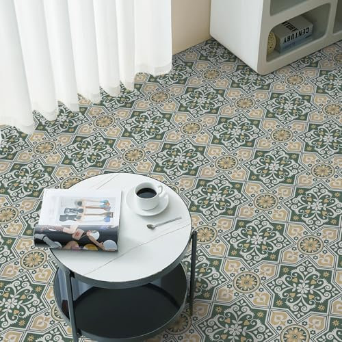 Peel and Stick Floor Tiles Self Adhesive Floor Tile, Vinyl Flooring Waterproof, Lino Flooring for Bathroom Kitchen Living Room DIY Green 30X30cm 22pcs (11.8 x 11.8 inches)
