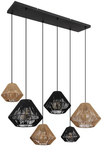 GLOBO Pendellampe Hängeleuchte Esstischlampe Naturseile Wohnzimmerlampe Boho Stil, Metall Naturseil beige schwarz, 6x E27, L x H 102 x 120 cm