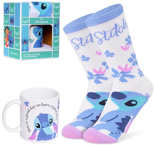 Disney Stitch Set Regalo Tazza Donna Adolescenti, Calzini Donna e Tazze Ceramica, Idee Regalo Donna (Bianco/Blu)