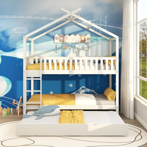 Lexiou Kinderbett Jugendbett Hausbett, 90x200 cm, DREI Betten, Ausziehbar, Platzsparendes Design