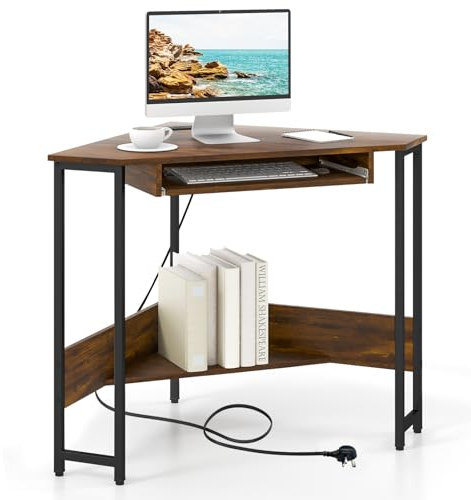 CASART Corner Computer Desk, Triangular Writing Desk with Power Outlet & Metal Frame, Space Saving PC Laptop Table Workstation for Home Office Bedroom Living Room (Brown, With Keyboard Tray)