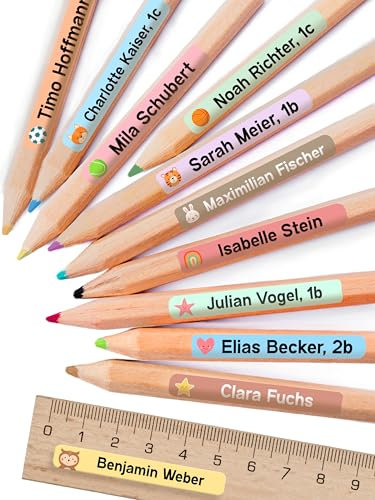 StiKiddo® 150 Stück Namensaufkleber Kinder für die Schule - Personalisierte Aufkleber, Ideal für Stifte & Schulsachen, Made in Germany - Lila