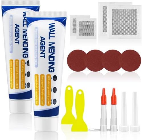 Amentalove Wall Filler Repair Kit, Wall Repair Cream 150g*2, Spackle Polyfiller Kit with 2 and 4'' Drywall Patch, Sandpaper, Scraper, Paste, for Repairing Holes Peeling Graffiti Cracks