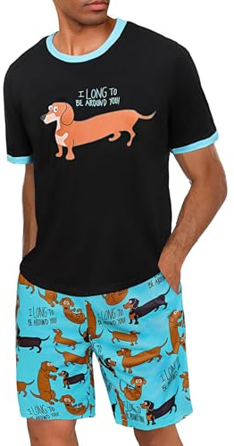 Demegimi Herren Schlafanzug Kurz Pyjama Baumwolle Sommer Nachtwäsche Lustiger Duckelhund T-Shirt und Schlafanzughose für Männer