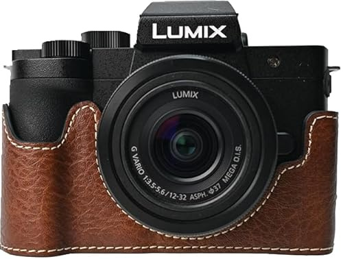 G100K Case, BMAOLLONGB Handmade PU Leather Half Camera Case Bag Cover Bottom Opening Version for Panasonic Lumix G100K with Neck Strap (Coffee)