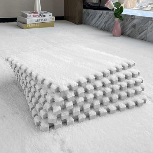 10 Stück Puzzelmatten Plüsch, Puzzle Bodenschaummattenfliesen, Krabbelmatte, Spielmatte Kinder Kinderspielteppich, rutschfeste Für Wohnzimmer/Schlafzimmer (Weißer Reis)