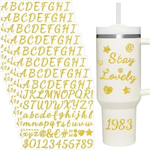 8 Sheets Glitter Letter Stickers for Cup, Alphabet Name Stickers for Water Bottles,Vinyl Waterproof Personalized Letter Number Name Tags Logo Sticker for Scrapbooking Tumbler Accessories(Gold)