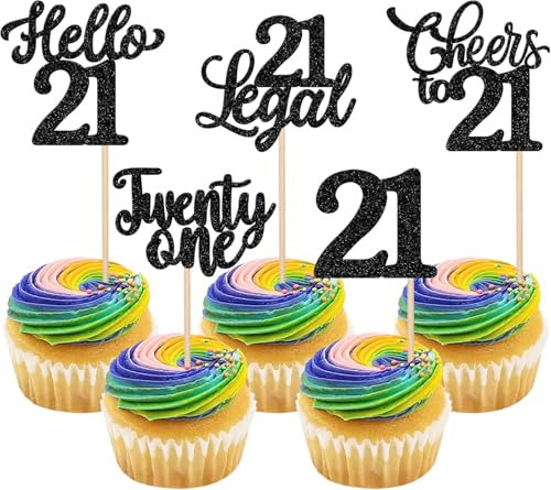 30 Stück 21st Geburtstag Tortendeko Glitzer Hello 21 Cheers to 21 Cupcake Toppers 21 Legal Twenty-one Kuchen Deko für Prost auf 21 Geburtstag Jahrestag Party Kuchen Dekoration Schwarz