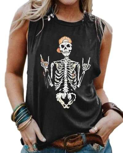 Cicy Bell Damen Tank Tops Ärmellose Rundhals T Shirt Tops Schädel Grafik Sommer Vest BluseTop Schwarz S
