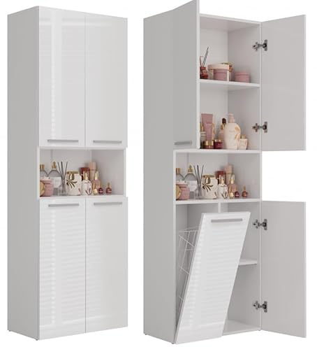 BDW Badezimmerschrank, Wäschekorb, 4 - Türen 174 x 60 x 30cm Unterschrank, Waschbeckenunterschrank, Hochschrank, Badmöbel, Bad-Hochschrank, Badregal, NEL 1K/DK (Weißer Glanz)