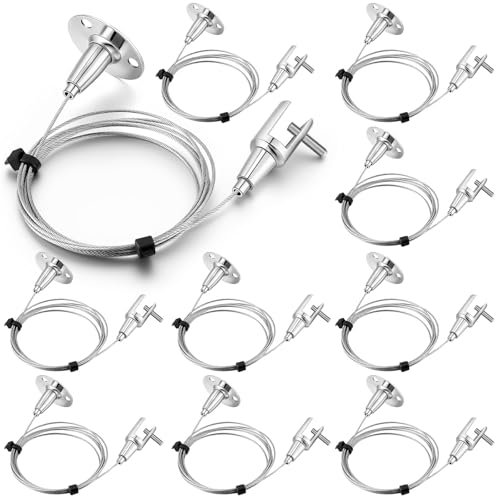 Zonon 10 Pcs 6.5 ft Ceiling Sign Hanger Hanging Suspension Wire Picture Hanging Wire Acrylic Board Display Metal Clamp for LED Panel Light Billboard DIY Mounting, 304 Stainless Steel, Load up to 66 lb