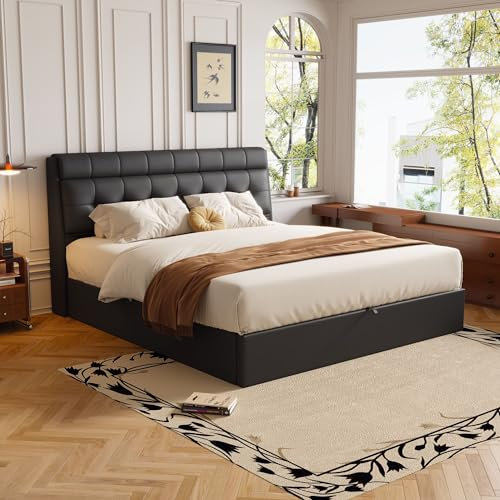 hrijusdif Lit rembourré de Style, 140x190, lit hydraulique, rangement caché au chevet, Rangement pour le coffre de lit, PU, avec sommier à lattes et avec tête de lit, sans matelas, noir