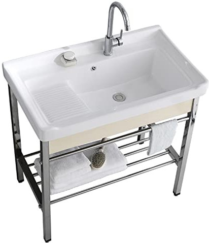 MYUYEE Fregaderos de Lavado Fregadero Independiente de Acero Inoxidable Fregadero de un Solo tazón Fregadero de Porcelana Independiente Lavabo Rectangular con Patas de,Blanco-80 cm/31 Pulgadas