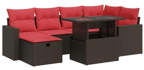 vidaXL 7 Piece Garden Sofa Set with Cushions Brown Poly Rattan Acacia, outdoor sofa set, garden lounge set