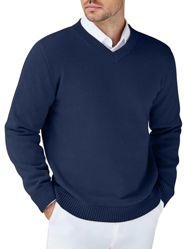 COOFANDY Herren Pullover V Ausschnitt Langarm Strickpulli Navy Blau L