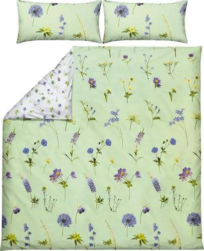 REDBEST Renforcé Wende-Bettwäsche Blumen, Wiesenblumen Jade-weiß Größe 40x80 cm / 200x200 cm - temperaturausgleichend, strapazierfähig, mit Reißverschluss