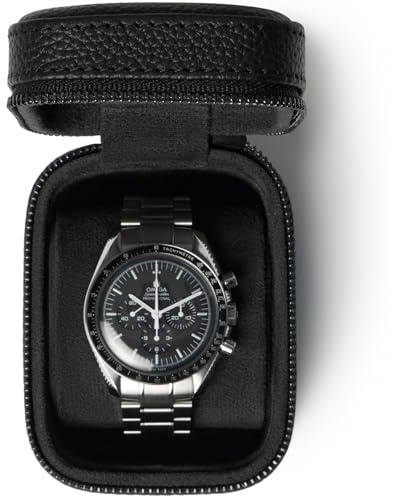 TAWBURY Custodia Singola per Orologio - Custodia da Viaggio in Vera Pelle di Prima Qualità per Uomo e Donna con Cerniera in Metallo e Cuscino Extra Largo per Orologi Grandi, nero, X-Small, Moderno