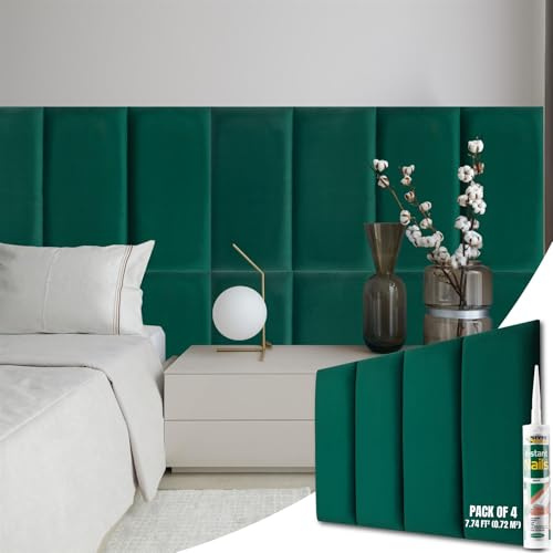 NOVECRAFTO Velvet Padded Wall Panels Set of 4 - Green Upholstered Anti-Collision Panels with Adhesive - H23.6 x W11.8 (60x30cm) Cushioned Paneling for Beds, Kids Room, Hallways & Feature Walls