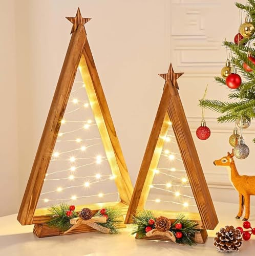 Sunshine smile 2 Stück Weihnachtsdeko LED Weihnachtsbaum mit Stern,Weihnachtsbaum Beleuchtet mit LED Lichterkette,Weihnachtsdeko Holz Baum Leuchtende
