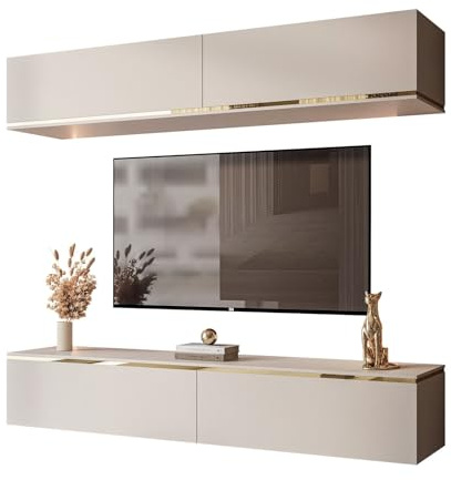 Lookway Hängende Wohnwand Aurora Kaschmir mit Goldener Dekorativer Leiste, LED-Option zur Wahl Modernes Wohnzimmermöbel (mit LED Beleuchtung)
