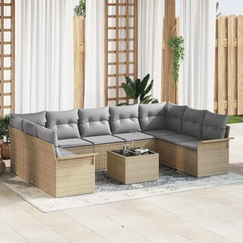 QJBSAVVA Gartenmöbel Set 9 Sitzer Modular Sofa in Beige Poly Rattan 376x44x37 cm Modernes Design Robust für Terrasse Balkon und Garten