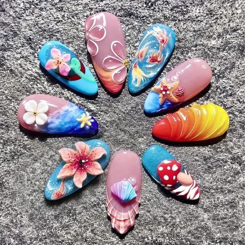 Tastetreasure 30Pcs Almond Press on Nails, Summer 3D Flower Koi Fish Fake Nails, Handmade Style Shimmering Cat Eye Stick on Nails for Women, Luxury Acrylic False Nails with Glue Tabs Kit