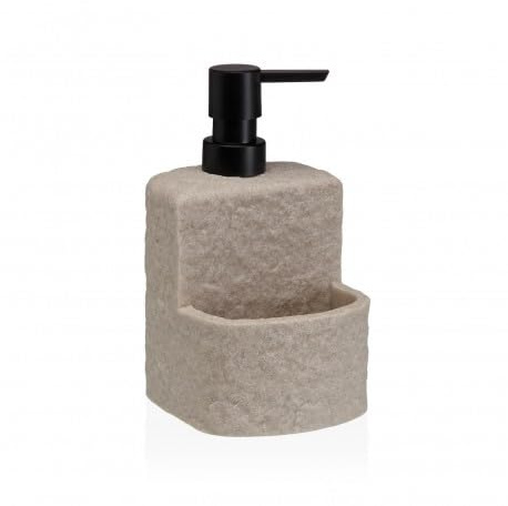 Seifenspender für Küche mit Schwammhalter aus Harz mit Marmor-Effekt – Spülmittelspender mit Pumpe und Schwamm, modernes Design für Waschbecken und Bad (Beige Steinoptik)