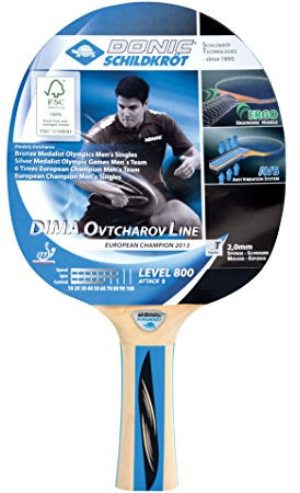 Donic-Schildkröt Tischtennisschläger Ovtcharov 800 FSC, AVS & Ergo-Griff, 2,0 mm Schwamm, FSC Holz, Champion - ITTF Belag, 754408