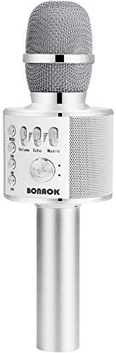 BONAOK Microfono Karaoke Wreless Bluetooth, 3-in-1 Palmare Portatile Karaoke Mic Regalo di Compleanno Altoparlante per Feste a Casa per iPhone/Android/iPad,PC Smartphone (Argento)