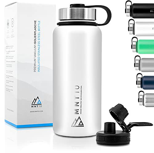 MNT10 Edelstahl Trinkflasche 1000ml I Premium Isolierflasche für Wandern, Fitness, Fahrrad, Schule und Büro I Wasserflasche + Gratis Sportdeckel (Snow White | 1000ml)