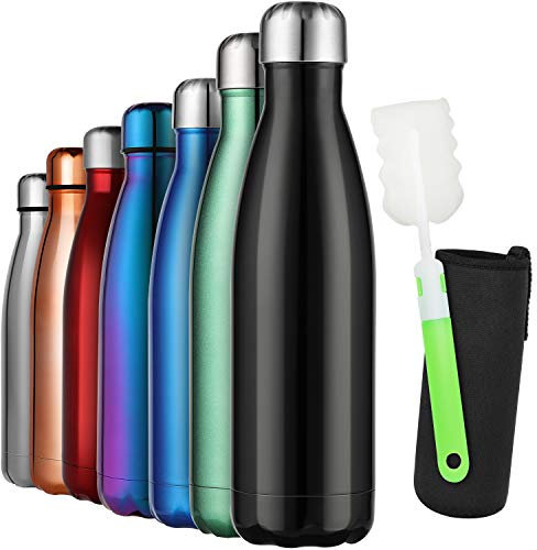 GeeRic Bouteille d'eau en Acier Inoxydable, Bouteille d'eau en Métal à Double Paroi Isolée sous Vide 12 Heures Chaudes et 24 Heures Boissons Froides Bouteilles 500 Ml/17 Oz Noir