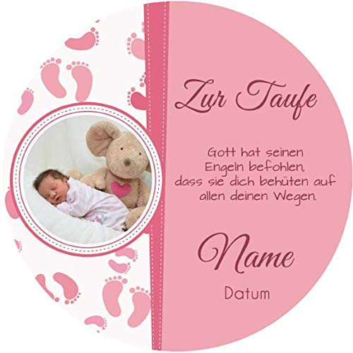 Essaberer Fondant Tortenaufleger mit Wunschfoto und Wunschtext, 20 cm Ø/optimal für die Taufe in rosa, Premium Druckqualität