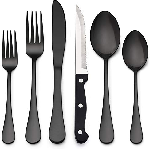 LIANYU Juego de cubiertos negros de 72 piezas, cubiertos negros con cuchillos de carne para 12, utensilios de cocina de acero inoxidable, acabado espejo, apto para lavaplatos