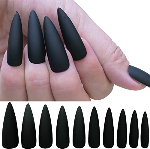 100pc Stiletto Press on Nails Matte Artificial False Nails Full Cover Acrylic Nail Tips Manicure Design Decor for Women Girls Salon Home DIY (Black)