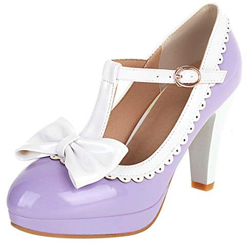 MJIASIAWA T Strap Mary Jane Donna Closed Toe Bows Plateau Tacco Alto Pump Sposa Festa Serata Vestito Bride Scarpe Viola Numero 32 EU