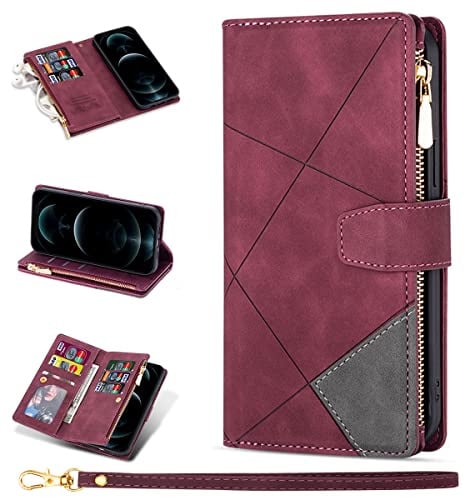 ZCDAYE Wallet Case für iPhone 13 Pro,Leder Flip Folio Stand View Cover mit 9 Kartenfächern/Handschlaufe iPhone 13 Pro Handyhülle-Weinrot