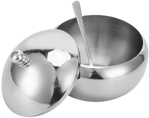 Cyrank Azucarero de acero inoxidable, recipiente pequeño para azúcar, sal, dispensador de azúcar plateado, recipiente para condimentos con tapa y cuchara para cocina, hogar(L)