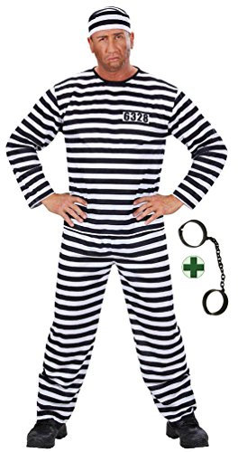 Karneval-Klamotten Kostüm Sträfling Knast Häftling Gefangener Sträflingskostüm Herren-Kostüm inkl. Oberteil Hose Mütze + Sträflingskette, Schwarz Weiß