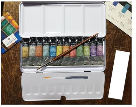 Sennelier Boîte de Peinture Aquarelle irisée Extra-Fines, Boîte en métal 12 Couleur x 10ml avec 2 Pinceau