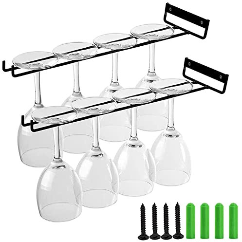 2 Pezzi Porta Bicchieri da Vino in Ferro Doppia File, Portabicchieri Sospeso, Porta Calici Da Parete Metallo, con 2 Viti e 2 Tubo di Espansione, per Casa, Bar, Cucina, Ristorante (Nero)