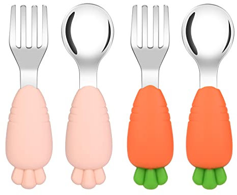 Vicloon Fourchette et Cuillère Ergonomique,4pcs Ensemble de Couverts pour Bébé Prise Facile Acier Inoxydable Pour Tout-petit Stensiles D'apprentissage Parfaits