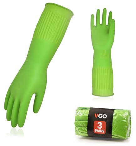 Vgo... 3Paires gants de nettoyage ménagers, gants lave - vaisselle en caoutchouc, extra épais, manches longues (RB2143,Vert,7/S,3Paires)