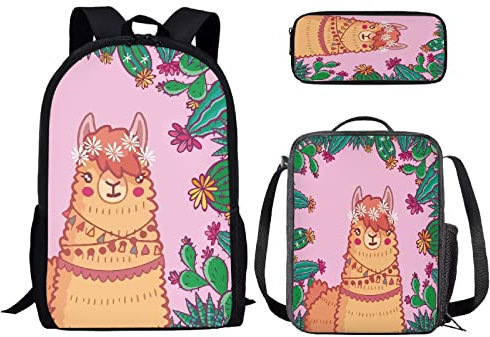 NETILGEN Schultaschen-Set, 3-teilig, Studenten-Büchertasche und Lunch-Tasche für Kinder Mädchen Jungen Rucksack mit Federmäppchen, Reisen im Freien, Llama Kaktus