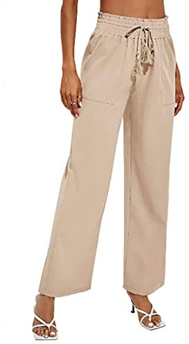 Damen High Waist Culottes Elastische Plissee Bund Weitem Bein Leichte Schlaghose Casual Loose Fit Trousers mit Kordelzug und Tasche(XXL-Khaki)