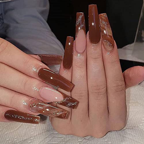 24PCS Long False Nails with Glue Stickers,Coffin Full Cover Acrylic Press on Nails no Glue, Maple Leaf Red French Fake Nails for Women and Girls Nail Art.