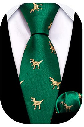 Barry.Wang Jungen Krawatte Jungen Seide Krawatte Einstecktuch Set Paisley Plaid Für Abschlussball Party Busines Zeremonie, green dinosaur, One size