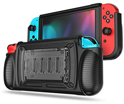 Schutzhülle für S_Witch,Konsolenschutzhülle mit verstellbarem Ständer und 7 Ablagefächern,TPU+PC Ergonomische Grip Hülle (Grau)