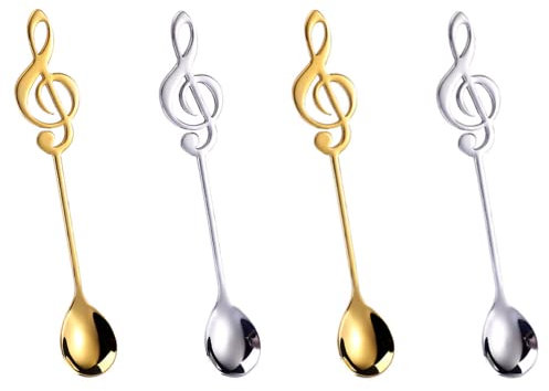 4 Pcs Stainless Steel Coffee Spoon Ice Cream Scoop Tiny Spoon Musical Note Tea Spoons Stainless Steel Mini Teaspoons for Kitchen Home Restaurant Drink