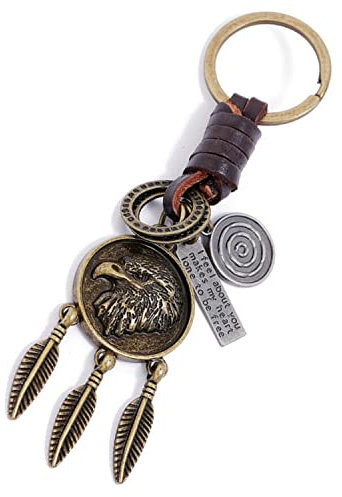 CUSTOMprivé Traumfänger Schlüsselanhänger Adler Leder und Messing Indian Country Biker Motorradfahrer, Dreamcatcher mit Lieferung in Samtbeutel