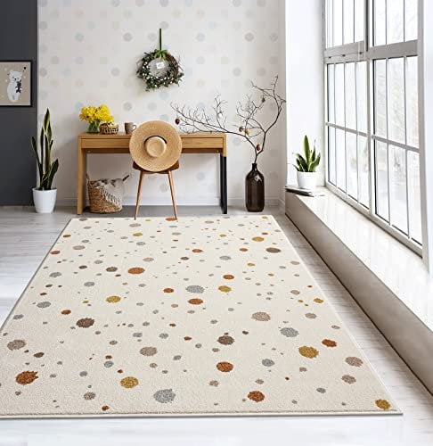 the carpet Beat Kids Moderner Weicher Kinderteppich, Weicher Flor, Pflegeleicht, Farbecht, Punkte Muster, Creme, 160 x 220 cm
